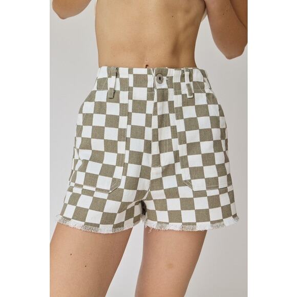 Paper Moon Checkered High Rise Shorts Medium Tan White Retro Summer - Picture 3 of 9